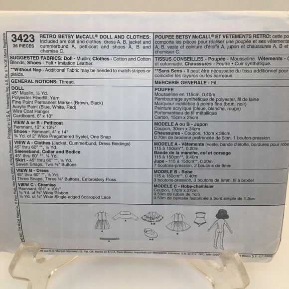 McCALL’S Craft Sewing Pattern - #3423 Betsy McCall Doll & Wardrobe - Picture 2 of 2